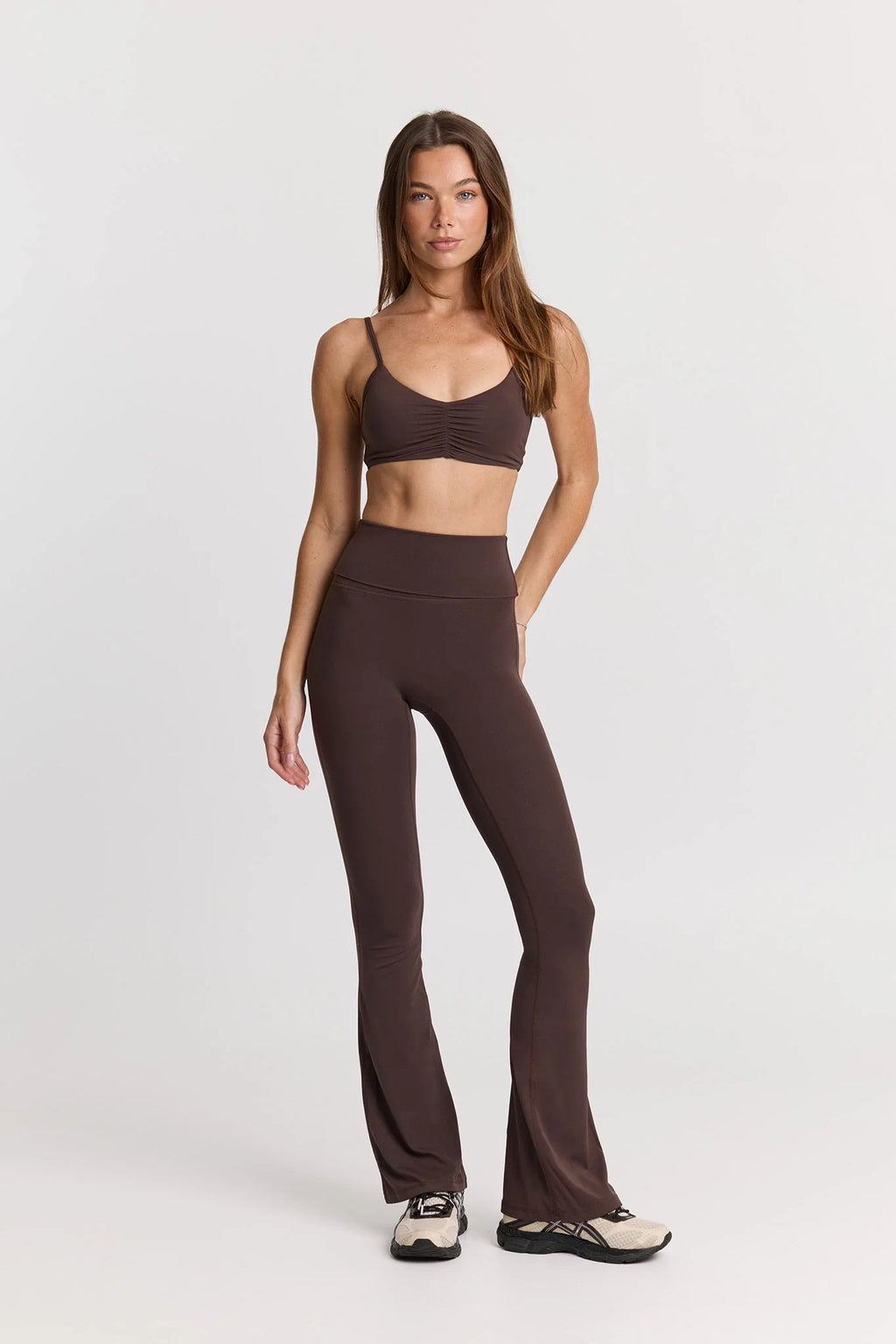 ButterSoft Yoga Set in Espresso - Foldover Flares + Ruched Bra — image 2