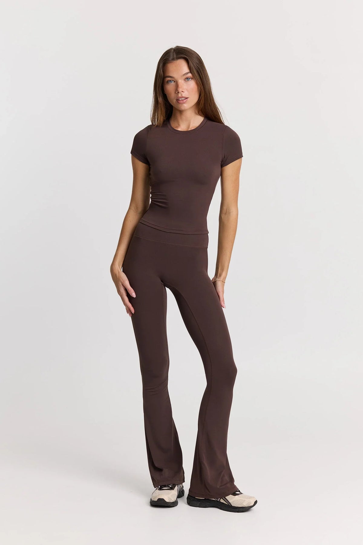 ButterSoft Yoga Set in Espresso - Flares + Tee — main image