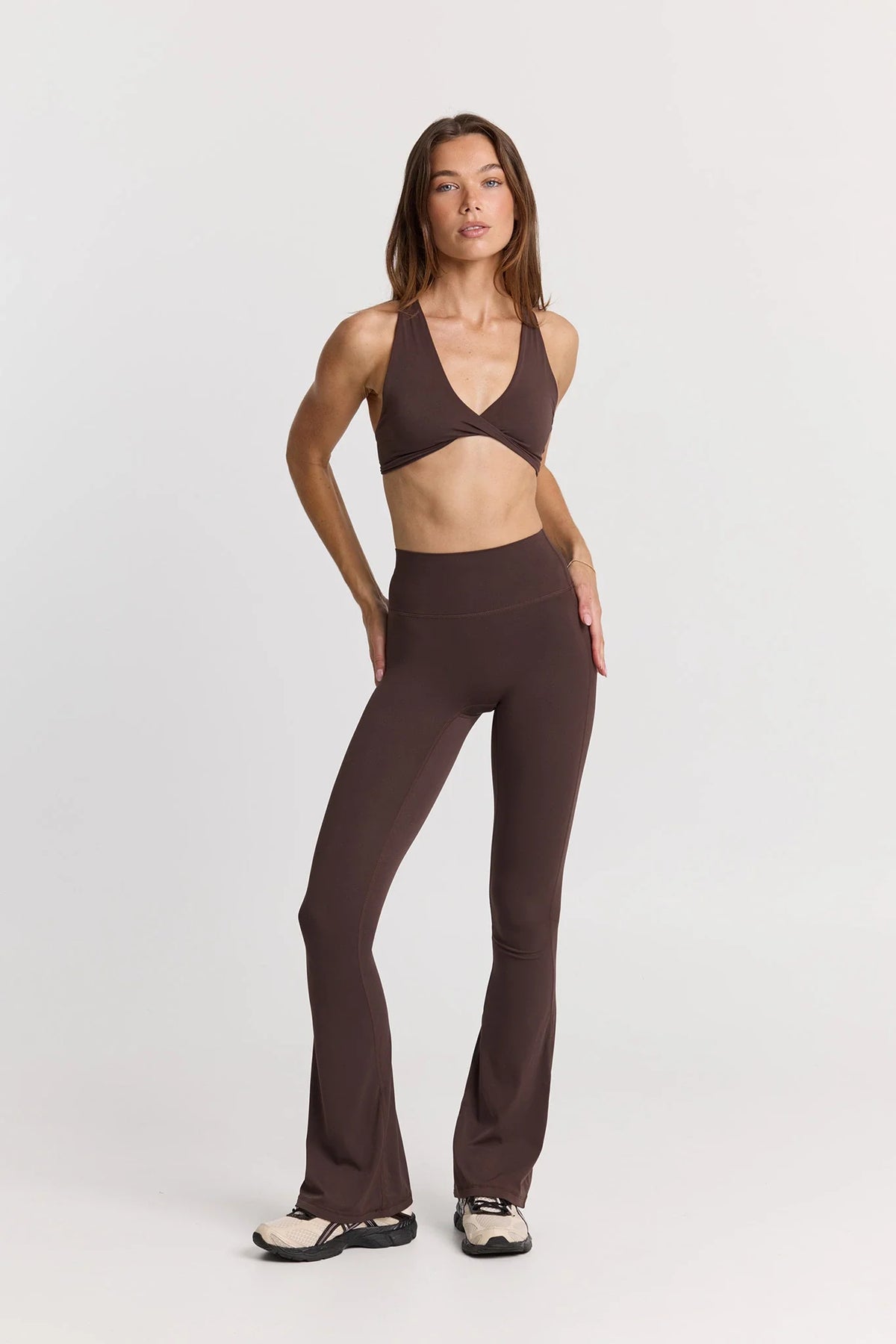 ButterSoft Yoga Set in Espresso - Flares + Twist Crop — main image