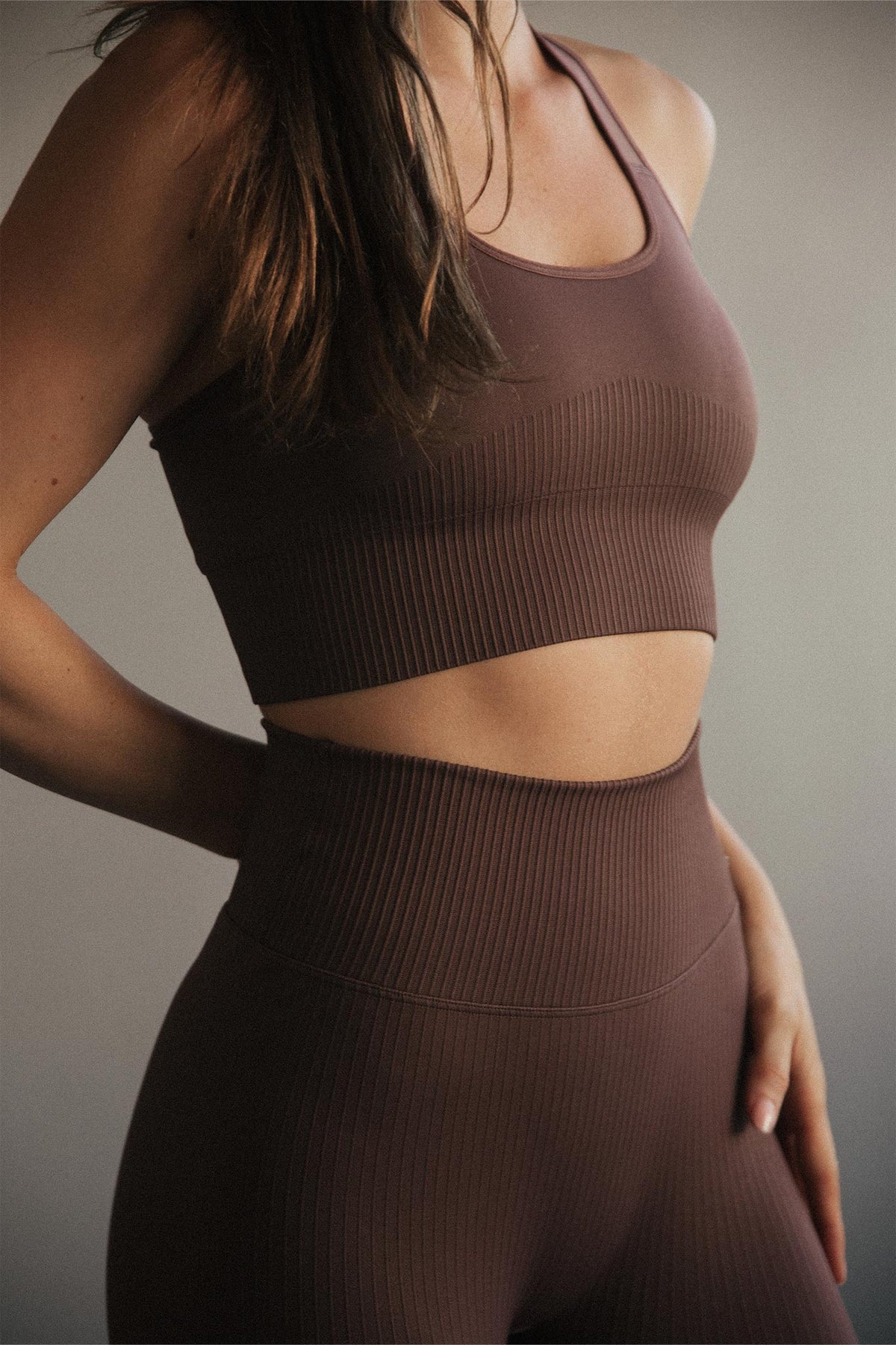 High Support Seamless Ribbed Sports Bra in Chocolate — image 2