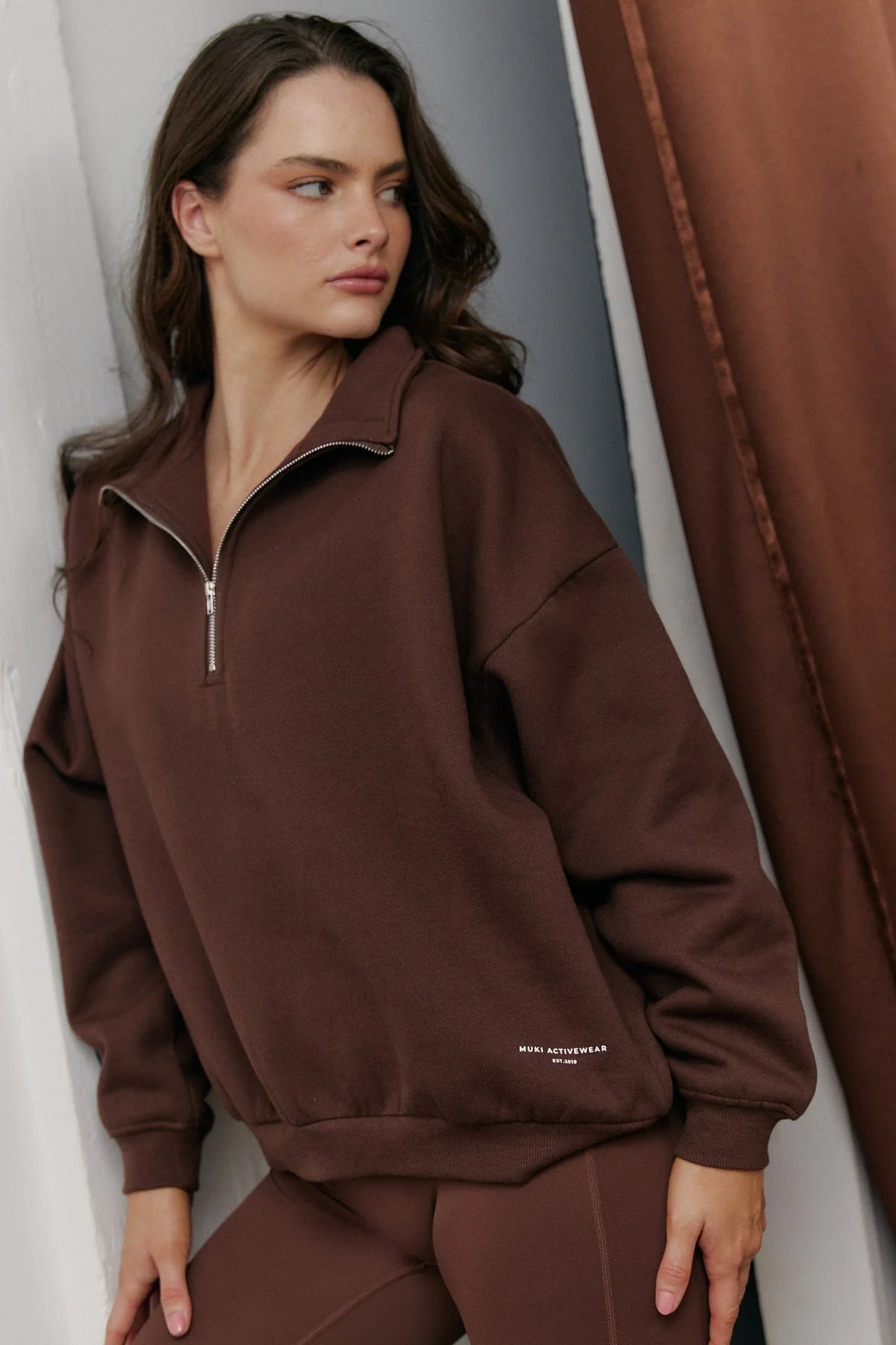 Oversized Fleece Quarter Zip Sweat in Chocolate — main image