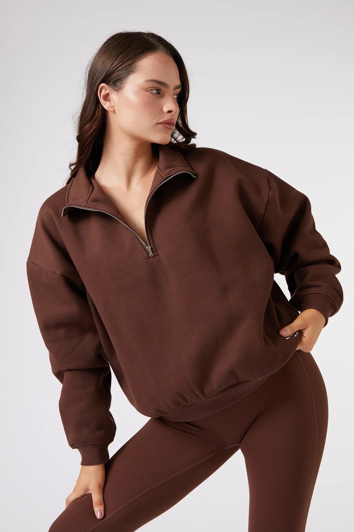 Oversized Fleece Quarter Zip Sweat in Chocolate — image 2