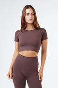 Seamless Ribbed Short Sleeve Crop Top in Chocolate — main image