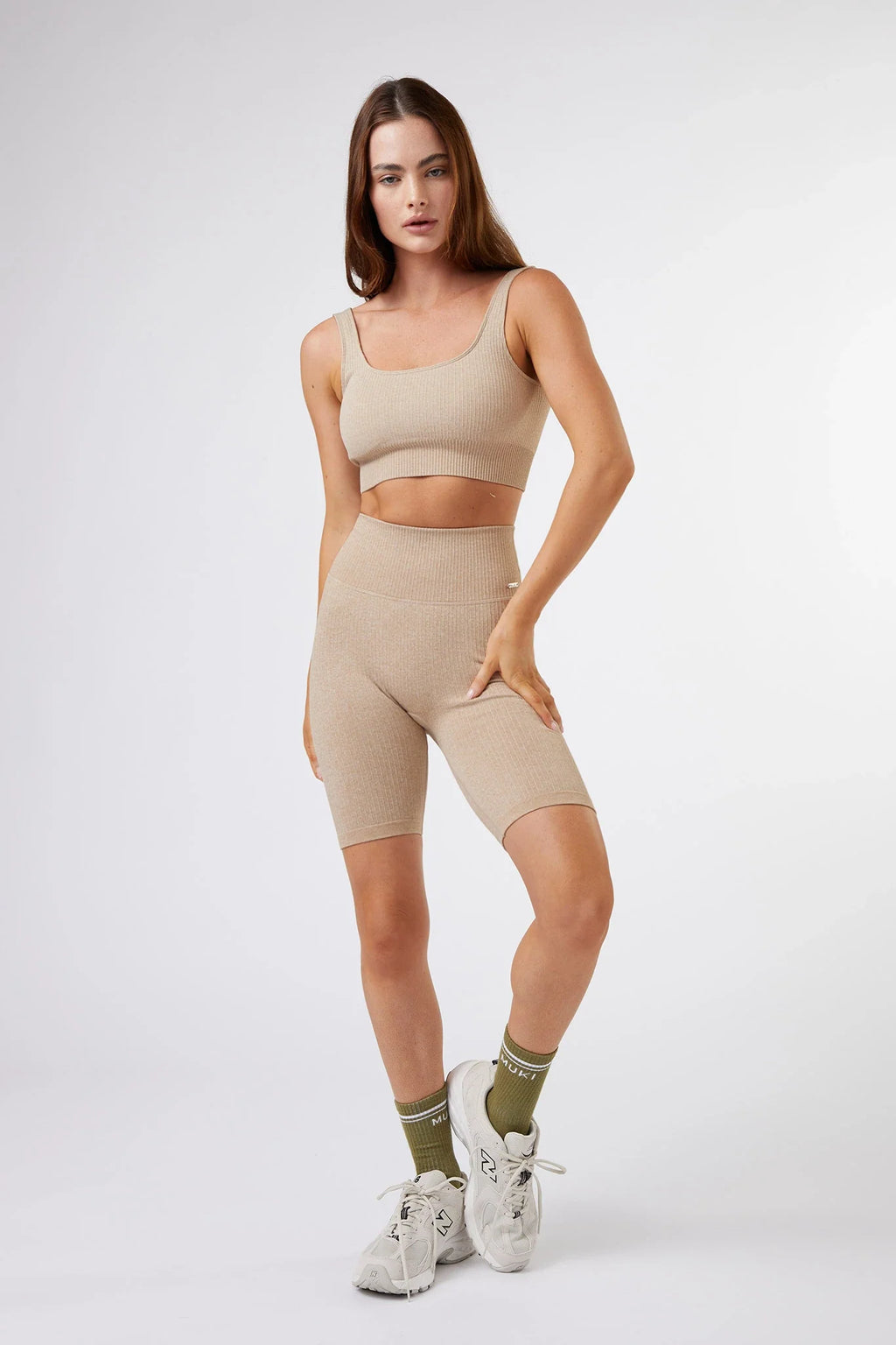Seamless Ribbed Biker Short in Beige — image 3