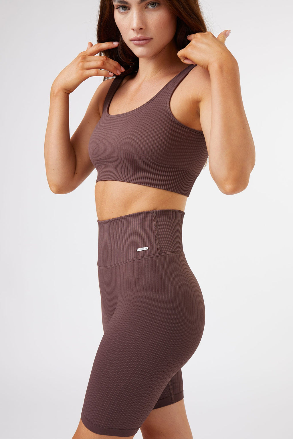 Seamless Ribbed Biker Short in Chocolate — image 2