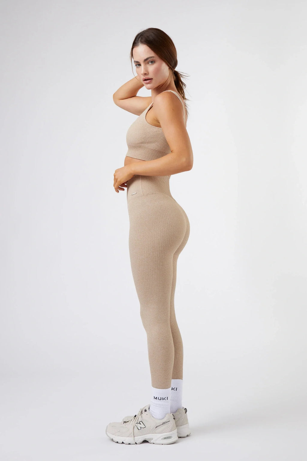 Seamless Ribbed Sports Bra in Beige — image 3