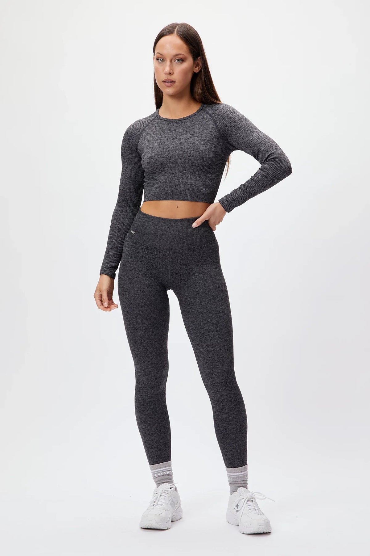 Seamless Ribbed Long Sleeve Crop Top in Charcoal — image 3