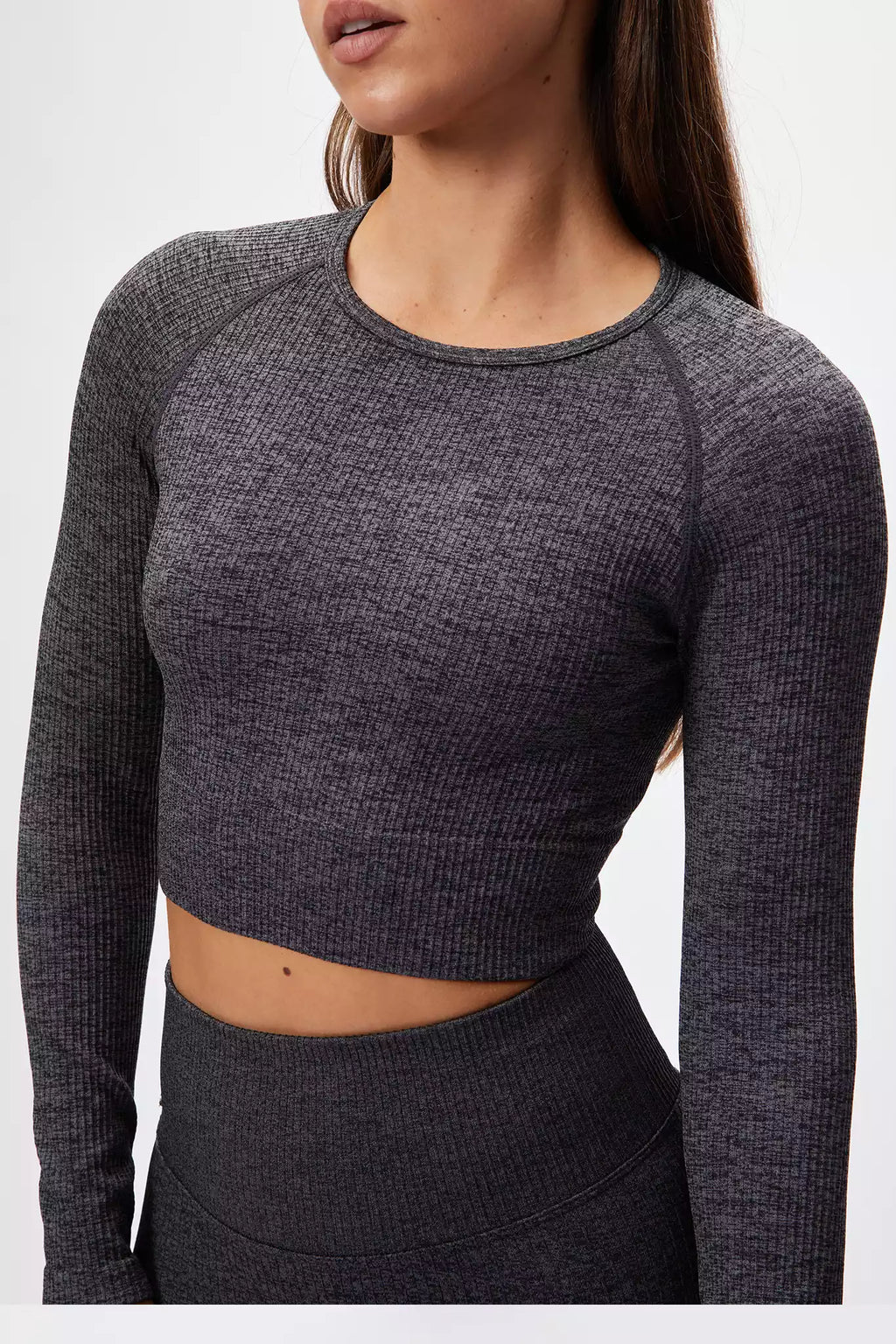 Seamless Ribbed Long Sleeve Crop Top in Charcoal — image 2