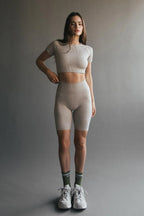 Seamless Ribbed Biker Short in Beige — image 6