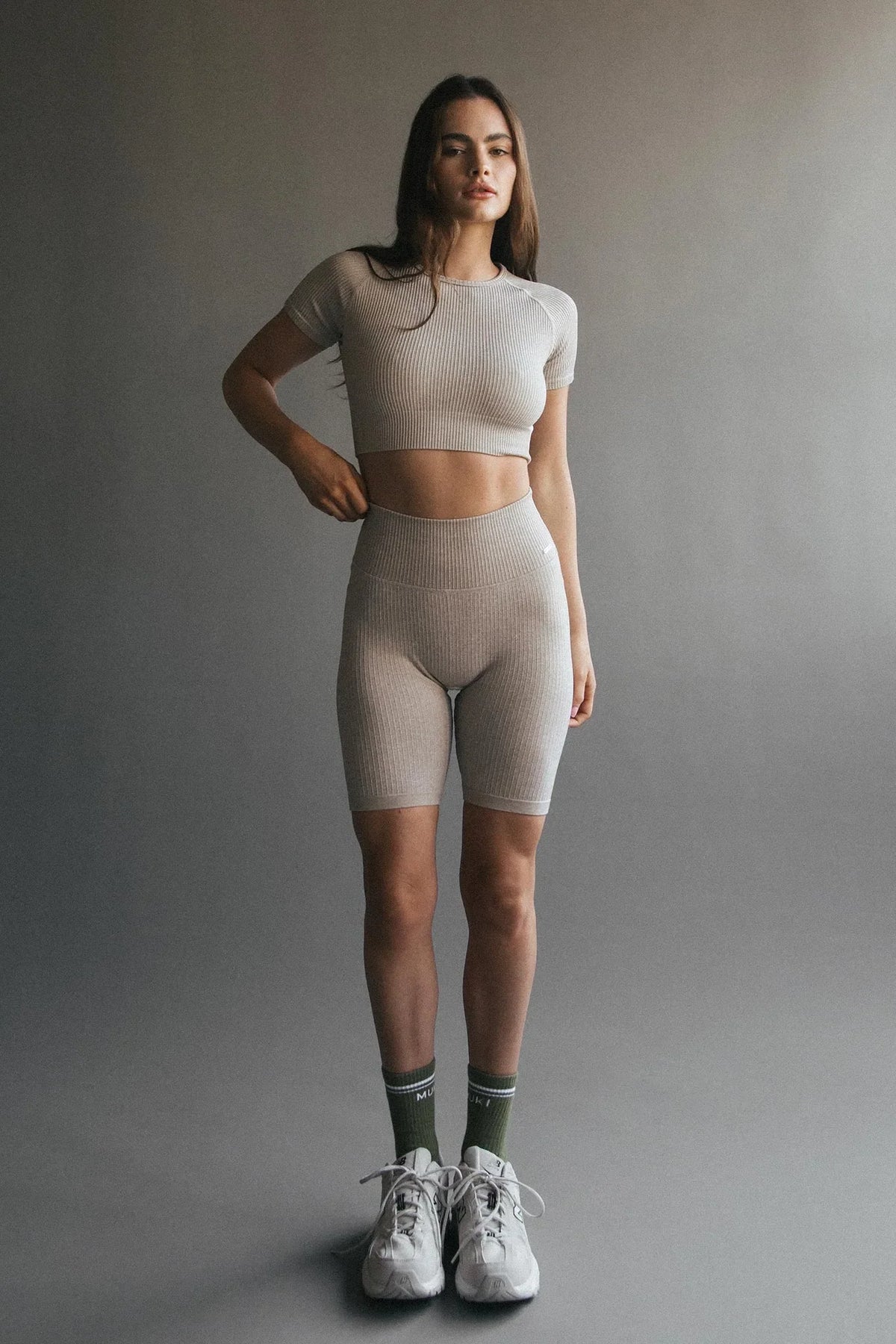 Seamless Ribbed Biker Short in Beige — image 6