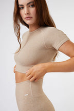 Seamless Ribbed Short Sleeve Crop Top in Beige — image 3