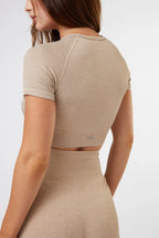 Seamless Ribbed Short Sleeve Crop Top in Beige — image 2