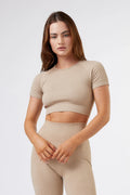 Seamless Ribbed Short Sleeve Crop Top in Beige — main image