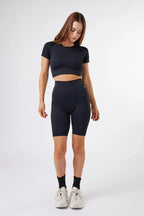 Seamless Ribbed Short Sleeve Crop Top in Black — image 3