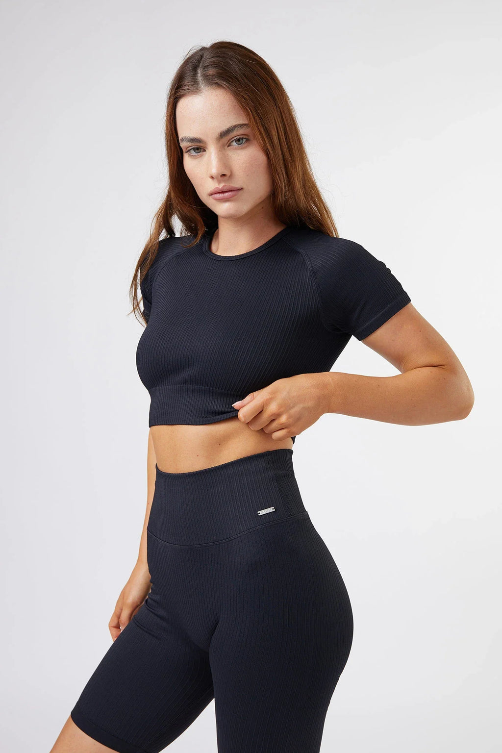 Seamless Ribbed Short Sleeve Crop Top in Black — main image