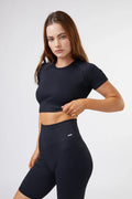 Seamless Ribbed Short Sleeve Crop Top in Black — main image