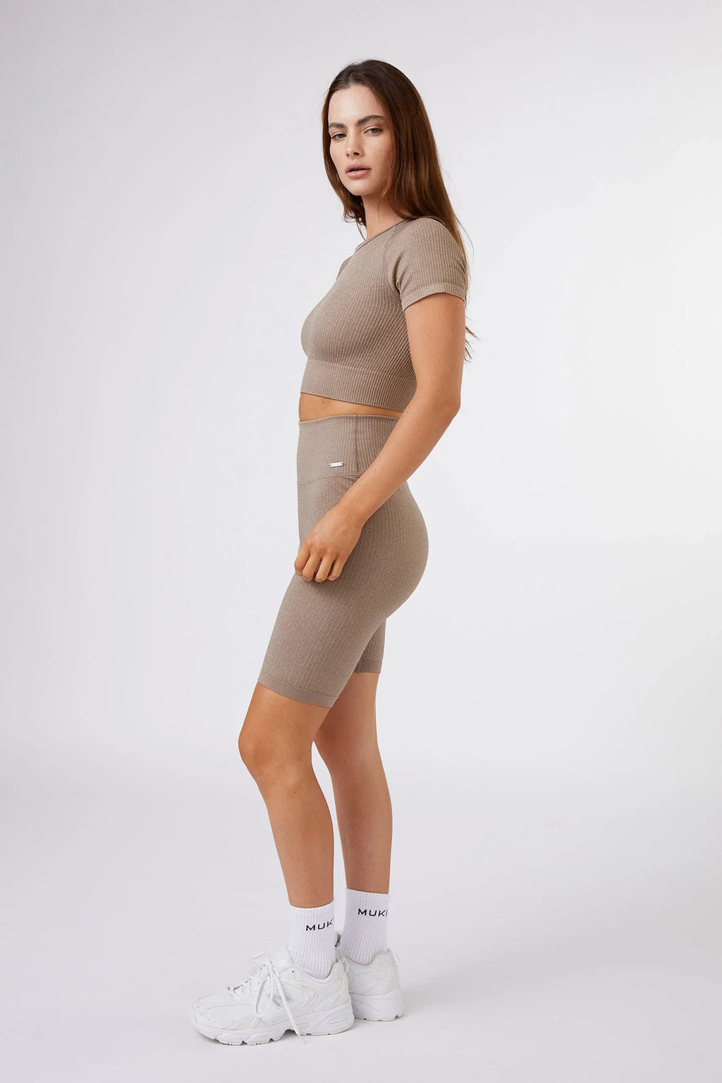 Seamless Ribbed Short Sleeve Crop Top in Latte — image 4