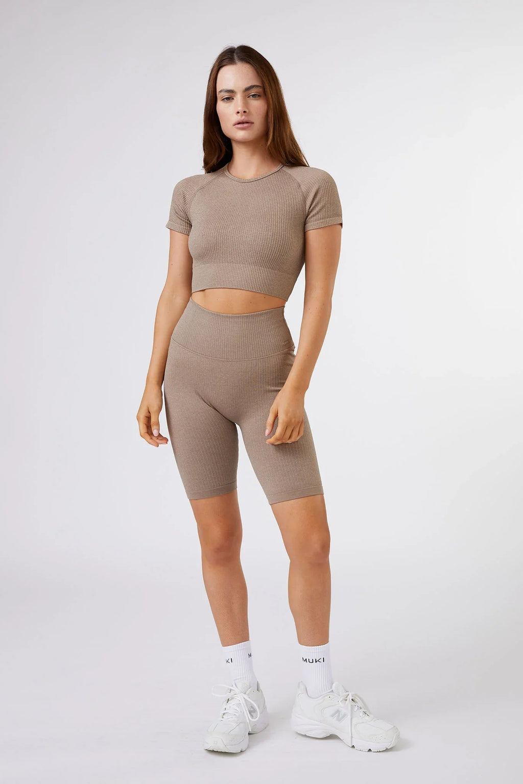 Seamless Ribbed Short Sleeve Crop Top in Latte — image 3