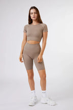 Seamless Ribbed Short Sleeve Crop Top in Latte — image 3