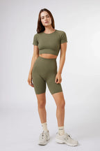 Seamless Ribbed Short Sleeve Crop Top in Olive Green — image 3