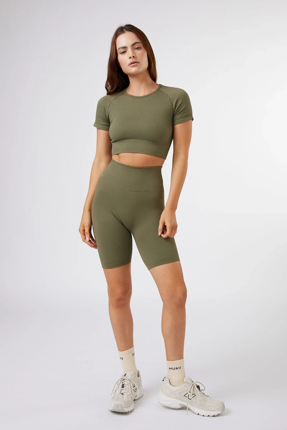 Seamless Ribbed Short Sleeve Crop Top in Olive Green — image 3