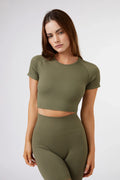 Seamless Ribbed Short Sleeve Crop Top in Olive Green — main image