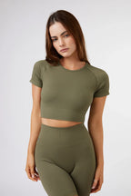 Seamless Ribbed Short Sleeve Crop Top in Olive Green — main image