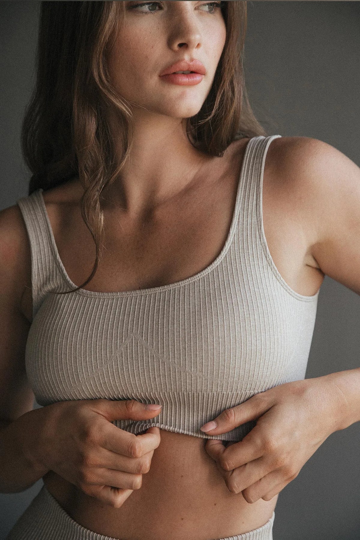 Seamless Ribbed Sports Bra in Beige — image 2