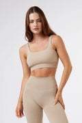 Seamless Ribbed Sports Bra in Beige — main image
