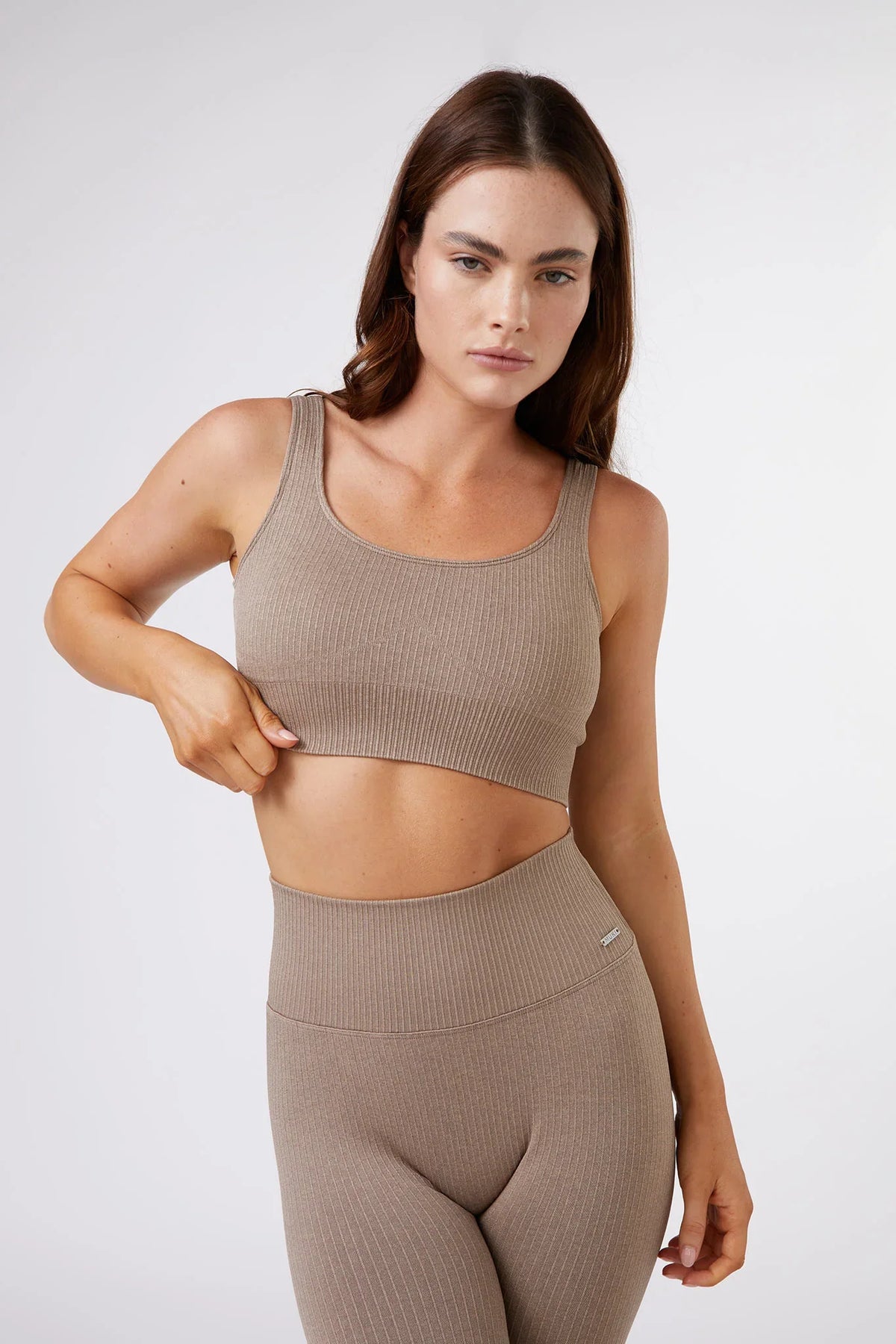 Seamless Ribbed Sports Bra in Latte — main image
