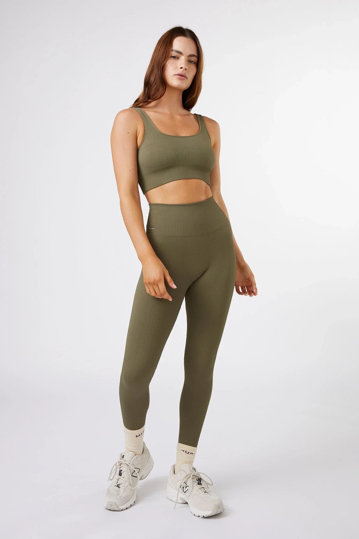 Seamless Ribbed Sports Bra in Olive Green — image 3