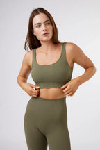 Seamless Ribbed Sports Bra in Olive Green — main image